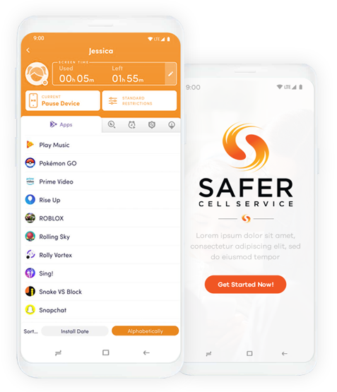 Safer Cell app shown on two phones with parental control interface